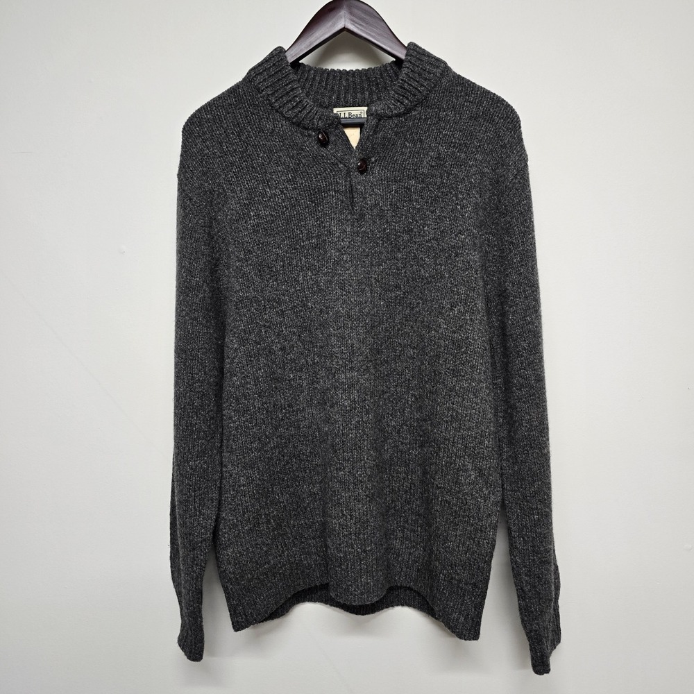 LL Bean 100% Lambswool Henley Sweater Mens M Gray Wool Button Cabin Preppy